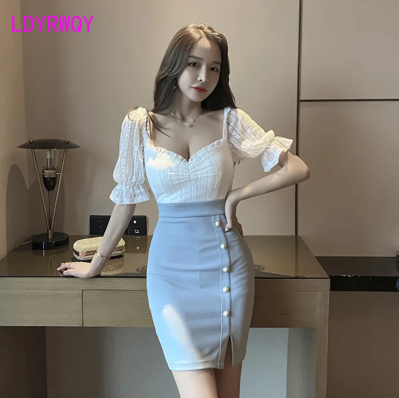 

Nightclub sexy dress with low-cut waist and split buttocks Office Lady Sheath Patchwork Knee-Length