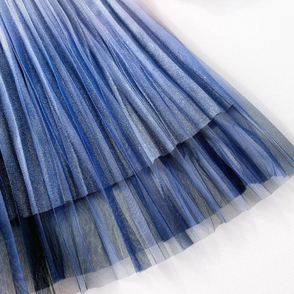 

2021 Gradient Color Summer Tulle Skirt Women High Waist Pleated Long Skirt Female A-line White Pink Tutu Skirt Party Fashion New