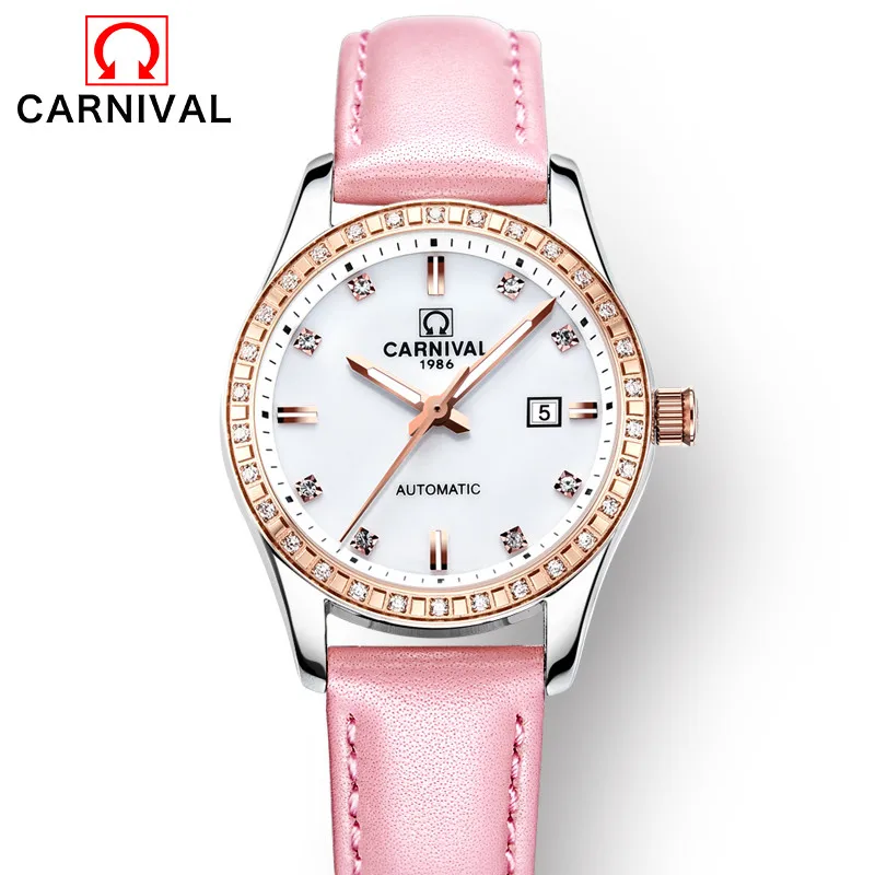 CARNIVAL Brand Fashion Rose Gold Automatic Watch Woman Luxury Waterproof Luminous Casual Mechanical Wristwatch Relogio Feminino