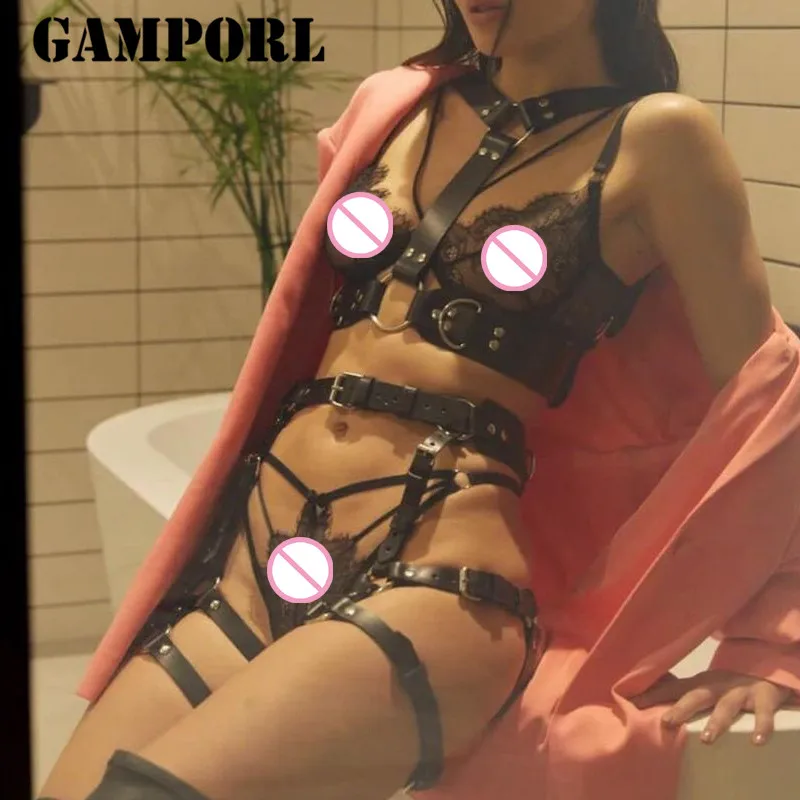 GAMPORL Leather Harness Set Women Full Body Bondage Sexy Lingerie Erotic Chest Harness Cage Garter Belt Stockings Goth Suspender