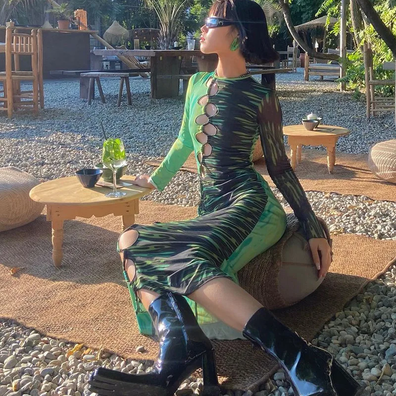 

Осенние женские Сексуальные облегающие платья с вырезами, женские повседневные праздничные длинные Клубные платья миди Y2K с длинным рукаво...