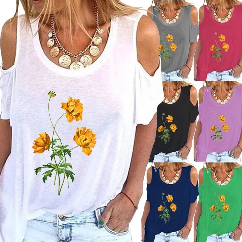 

Fashion Women's Summer Flowers Printed Short Sleeve T-shirt Off Shoulder Graphic Shirt Loose Round Collar Solid Color Tops