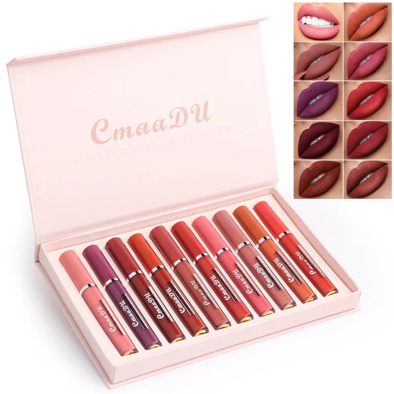 

10 Colors/Set Matte Velvet Lip Gloss Moisturize Waterproof Fashion Beauty Liquid Lipstick Non-stick Cup Exquisite Lip Set Makeup