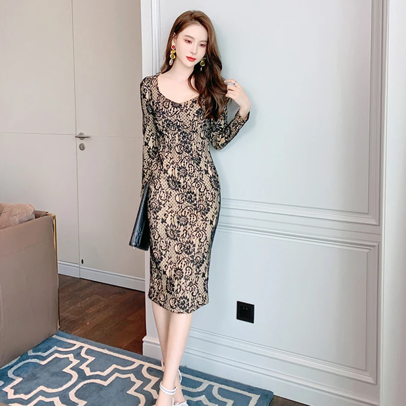 

Fashion Korean Women Retro Sexy Square Collar Long Sleeve Midi Party Dress Elegant Lace Hollow Bodycon Skinny Split Female Dress