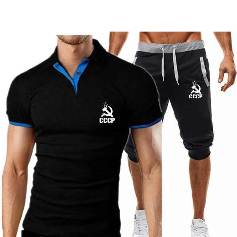

2020 New CCCP Russian USSR T Shirts + Shorts 2 Piece Harajuku Fashion Lapel Short Sleeve Tees Casual T-shirt Shirts Male Tee Shi