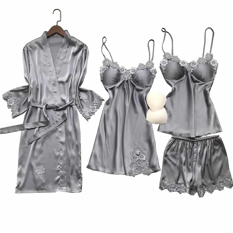 Корейский стиль шелковые женские сексуальные кружевные пижамы из 4 предметов
