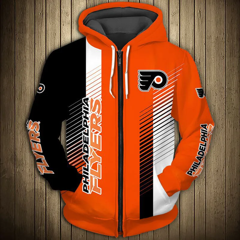 

Philadelphia men's Casual 3D Zipper Hoodie Striped Stitching Black Wings Print Flyers Sweatshirt