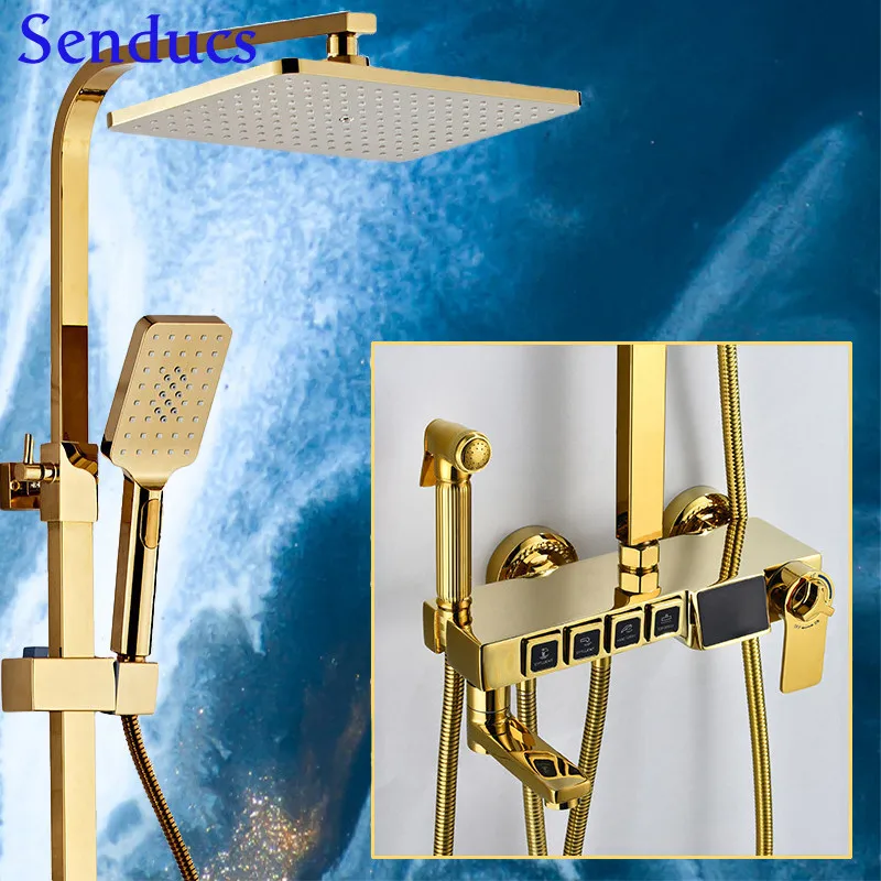 

Senducs Gold Thermostatic Shower Set 0527E Quality Brass Bathtub Mixer Tap Faucets Golden Digital Bath Shower Mixer System RoHS