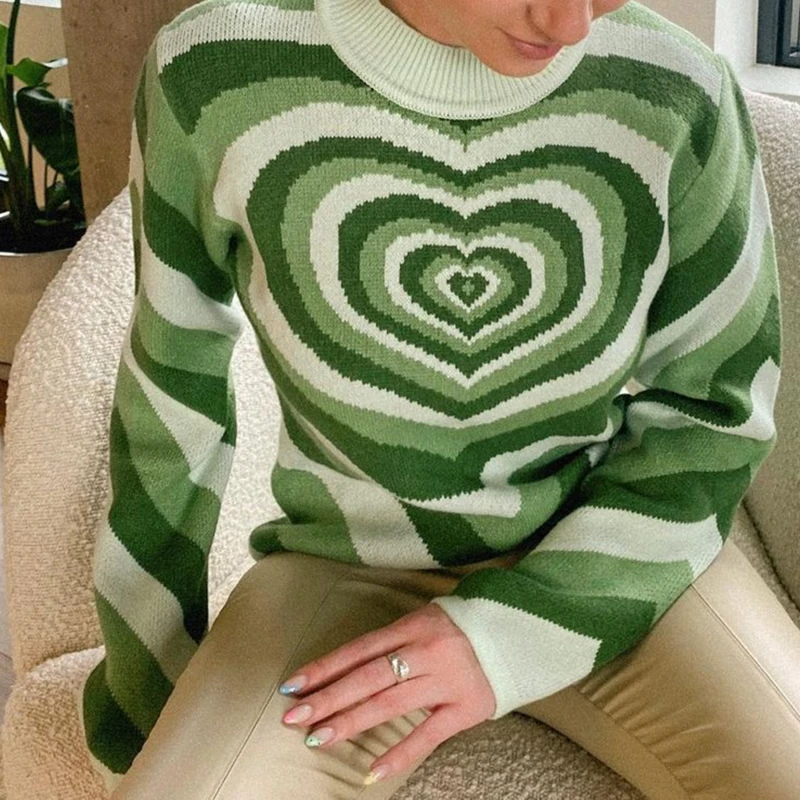 

women‘s Heart Striped Turtleneck Pullovers Sweet Long Sleeve Hot Pink Woman Fashion Loose Sweaters Harajuku Knitwear Summer