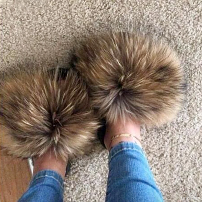 

2019 Big full Real Fox Slippers Fluffy Slippers Fox Fur Slides Fuzzy Sliders Soft Plush Fur Mules Summer Shoes Women