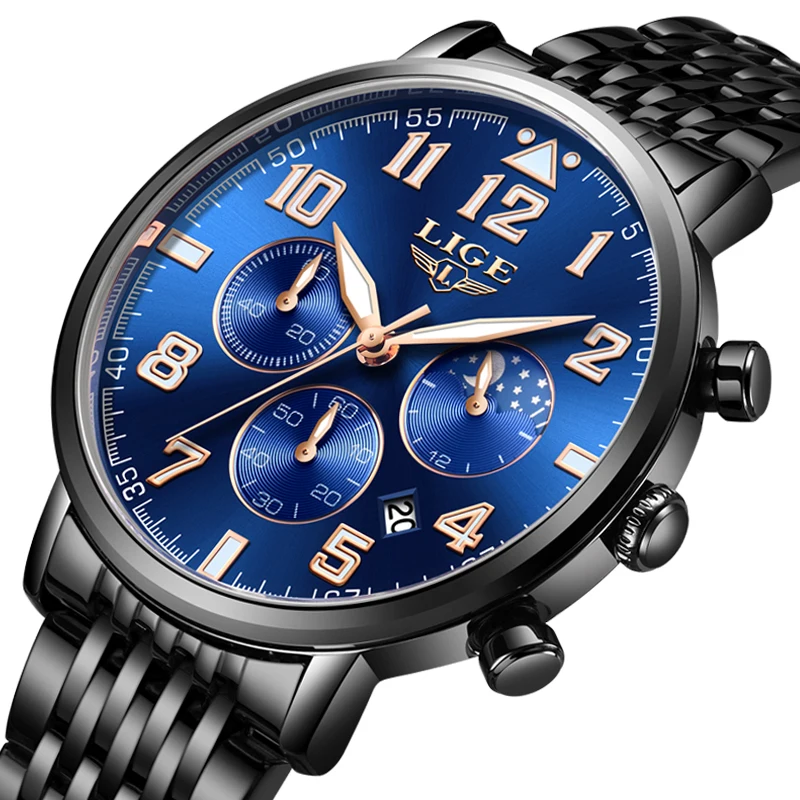 Часы наручные LIGE Мужские кварцевые роскошные Брендовые спортивные