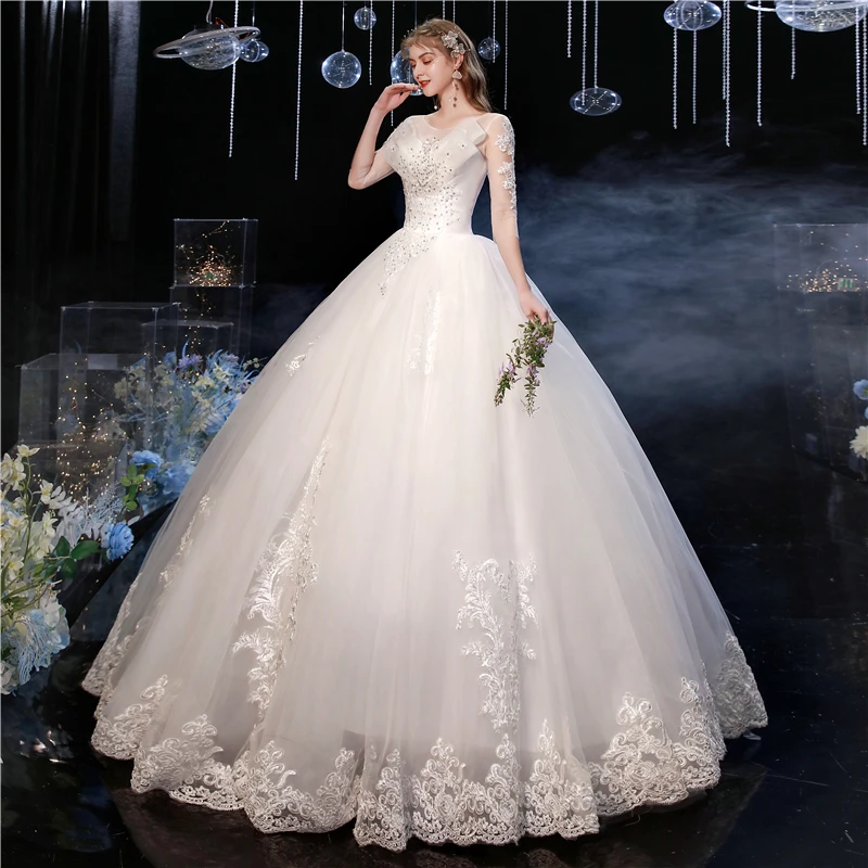 

Robe De Mariee Sexy Illusion Plus Size Wedding Dress Half Sleeve Lace Embroidery Sequined Vestidos De Novia Tiered Elegant Bride