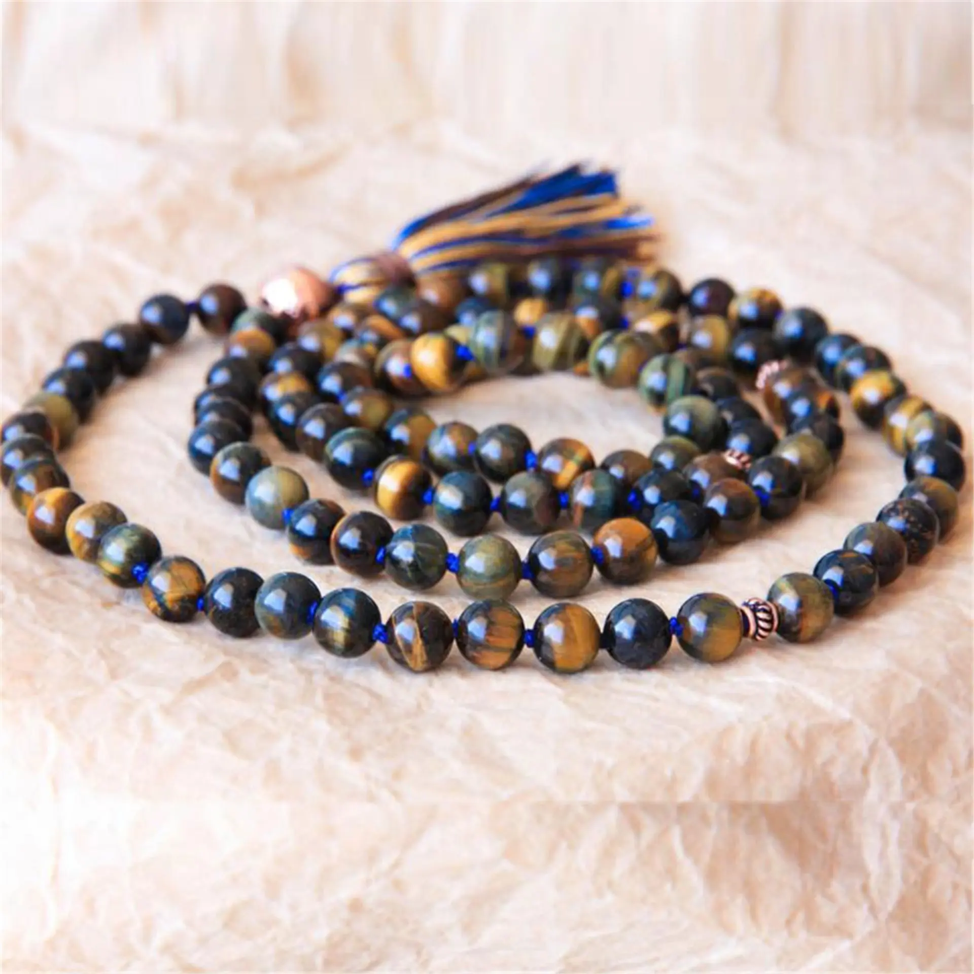 

8mm Natural Yellow Tiger Eye 108 Beads Handmade Tassel Necklace Lucky Cuff Prayer Wrist Blessing Chakra Religious Mala