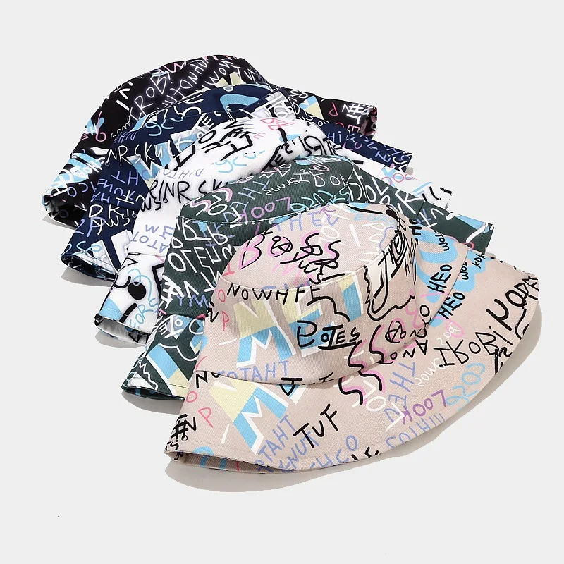 

Spring Summer Graffiti Letter Bucket Cap Women Men Outdoor Travel Leisure Sunscreen Adult Hats Simple Alphabet Panama Beach Hat