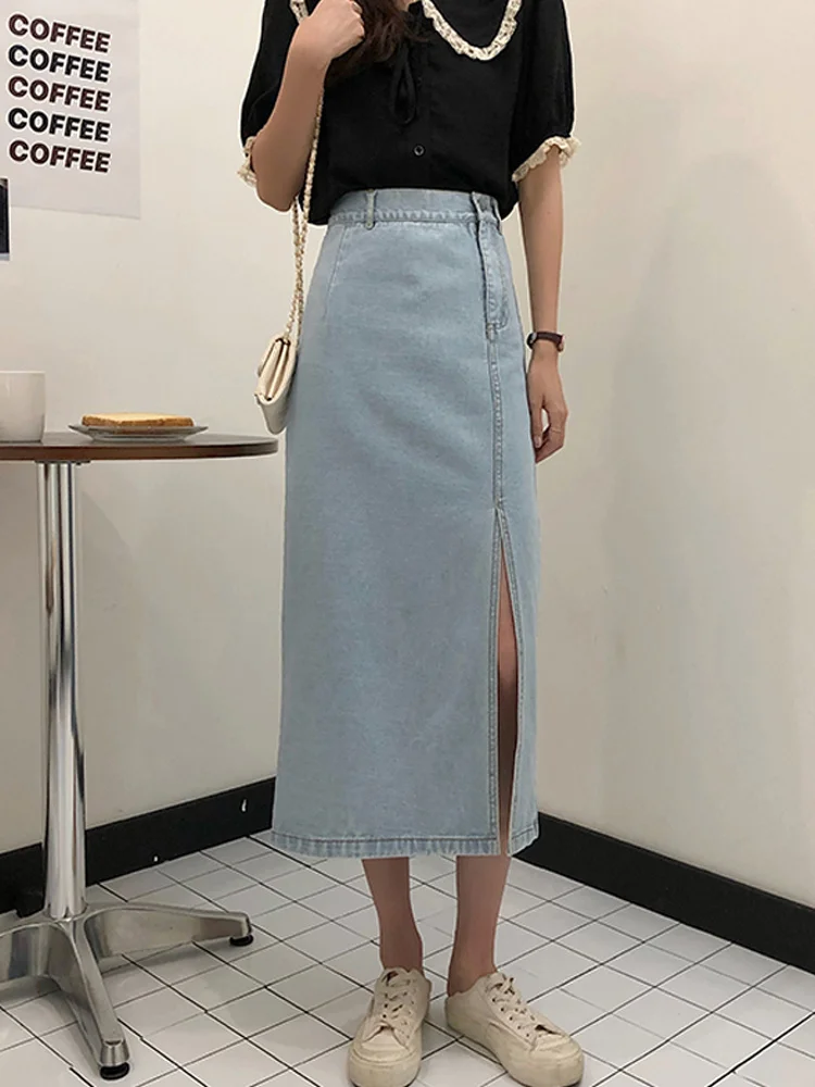 Джинсовая юбка с завышенной талией Женская разрезом новинка весны и осени 2021