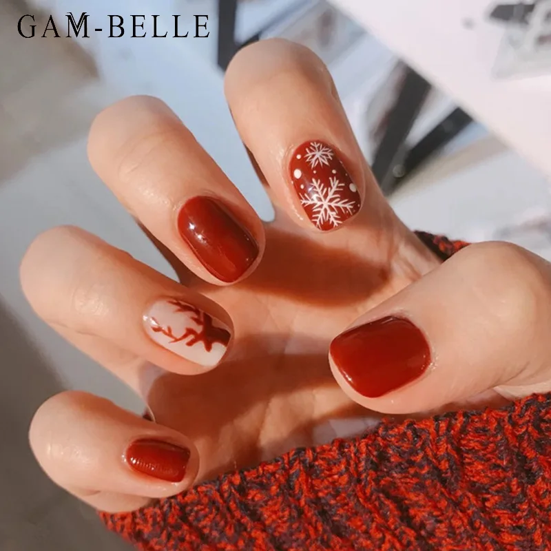 

Накладные ногти с рисунком красного лося и снежинки, полное покрытие, искусственный короткий пресс для украшения ногтей, инструмент для ман...