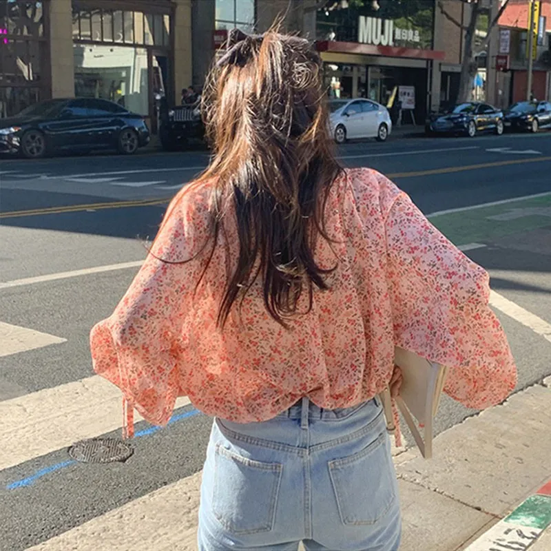 

Fairy And Cute Printed Chiffon Shirt 2020 Summer Thin Sweet Floral Shirt Chiffon Shirt Female