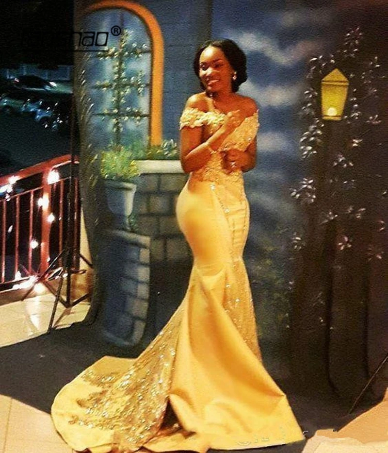 

Gold Evening Dresses 2020 Satin Mermaid Appliques Beads vestidos de festa Dubai Saudi Arabic Party Gowns African cProm Dress
