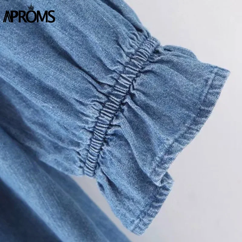 Aproms, Зимняя женская синяя джинсовая блузка, рубашка, одноцветная, с пышными рукавами, блузки, женские, элегантные, с оборками, свободные, повседневные, топы, блузы