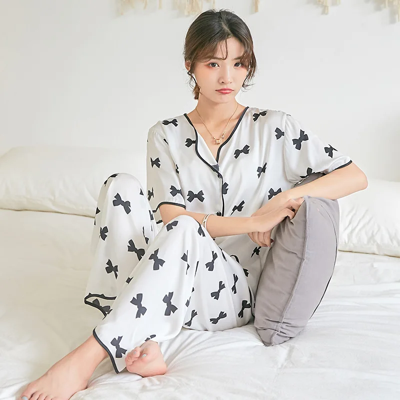 South Korea Summer Woman Pajamas Set Cotton Silk Short Sleeve Pajamas Thin Rayon Cotton Bowknot Woman Cardigan  Casual Home Wear
