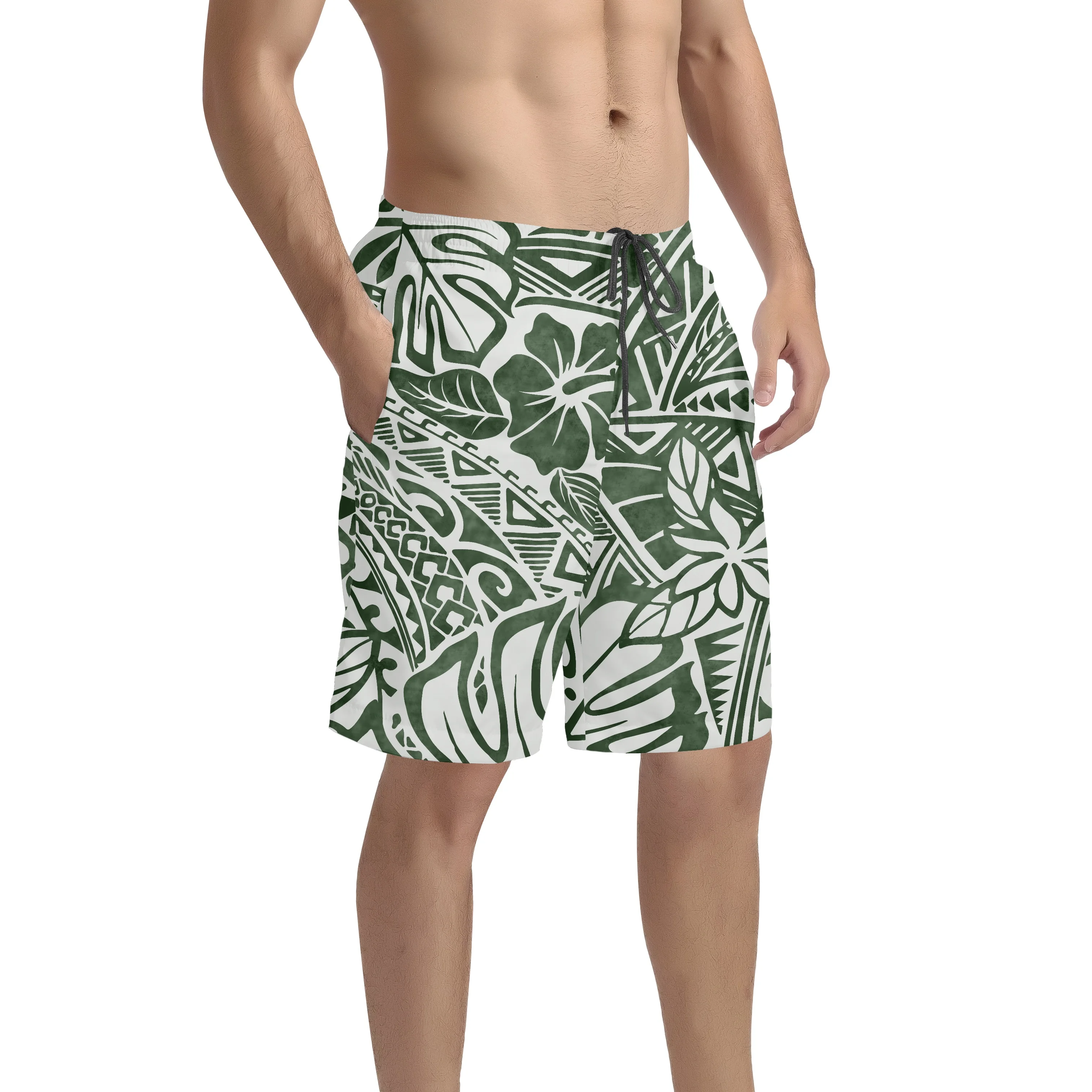 

Men's Beach Pants Polynesian Tribal Hawaiian Hibiscus High Quality Lace-up Board Shorts for Male Fashion Personality Surf Shorts