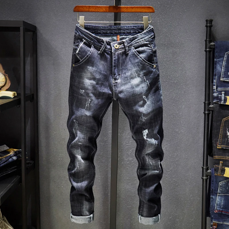 KSTUN Ripped Jeans Men Dark Blue Stretch Slim Fit Distressed Streetwear Denim Pants Casual Retro Biker Man Trousers Hiphop | Мужская