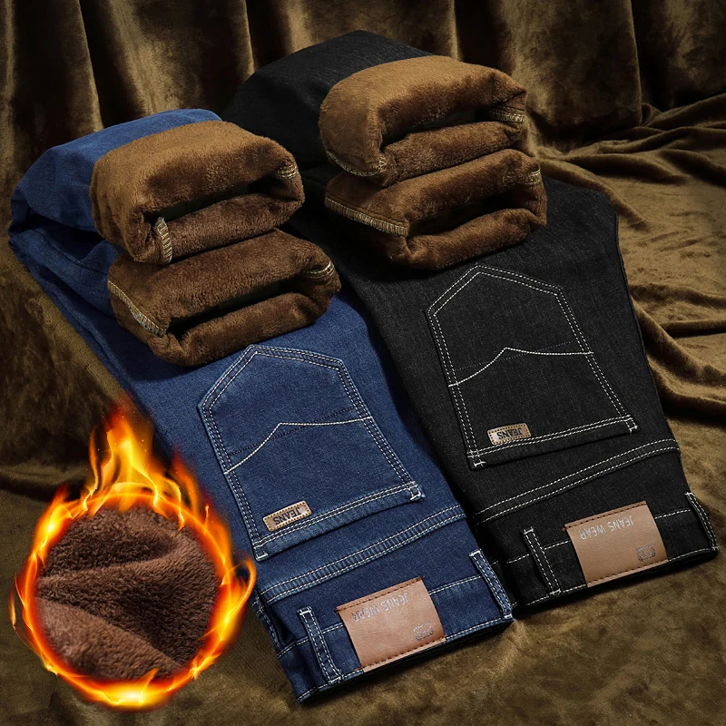 

Men Winter Straight Trousers Baggy Stretch Jean Fashion Men Casual Jeans New Thicken Keep Warm Autumn Men Denim Pants KLY807