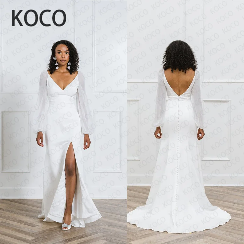 

MACDUGAL Wedding Dresses 2021 Simple Satin Beach Party Bride Mermaid Gown V Neck Long Sleeves Vestido De Novia Civil Women Skirt