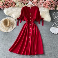 2021the new v neck summer dress vintage short sleeve red a line age reduction dress beach bohemian women casual dress