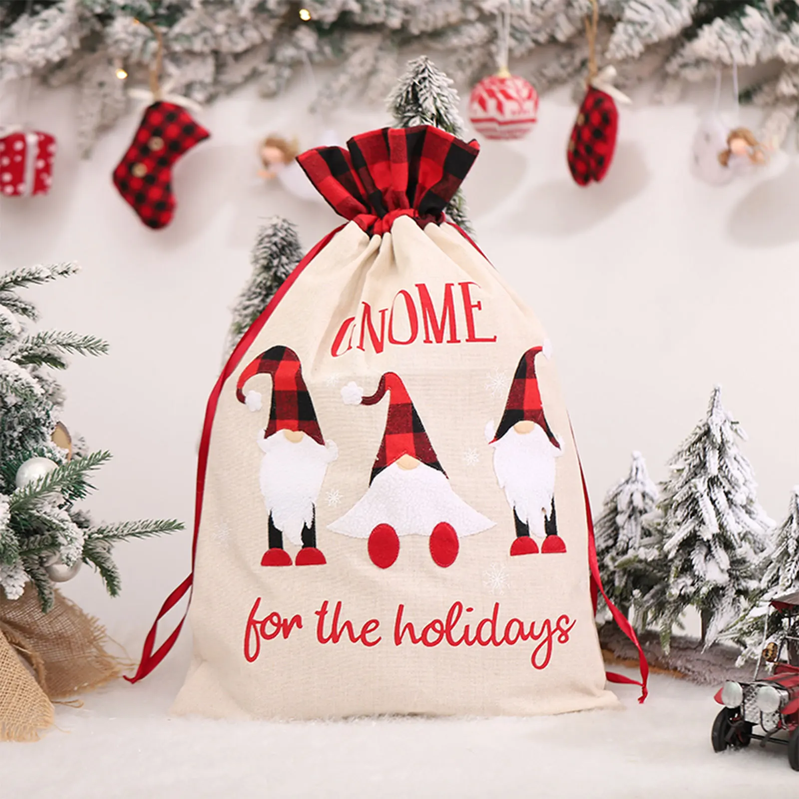 

Newest 3 Colors Christmas Candy Bag Santa Clause Print Gift Bag Storage Package with Drawstring for Candy Snacks Gray/Beige/Red