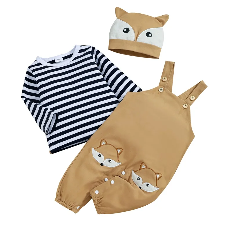 

Baby Boys Girls Overall Set, Stripes Long Sleeve T-shirt Embroidery Fox Overalls with Hat Casual Outfit