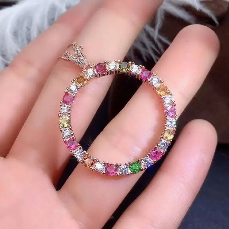 Round Natural Brazilian Candy Color Tourmaline Pendant Necklace For Women Party S925 sterling silver Fine Jewelry Certificated | Украшения