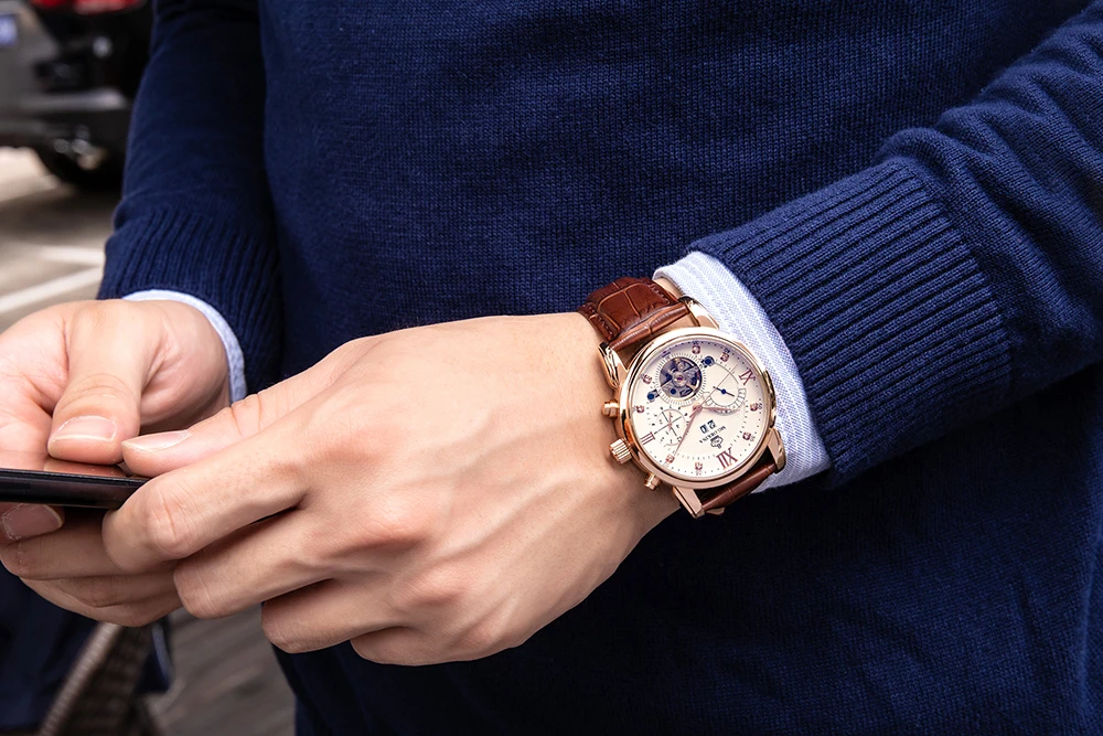Бренд Orkina Tourbillon Мужские механические часы светящаяся Автоматическая Дата Натуральная кожа ремешок мужской платье часы механические стимпанк