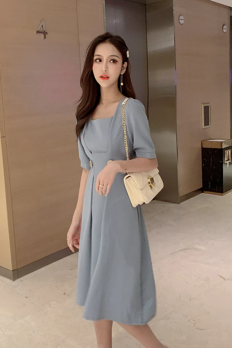 

COIGARSAM Solid Women dress Summer Square Collar High Waist Dresses Black Blue 01838