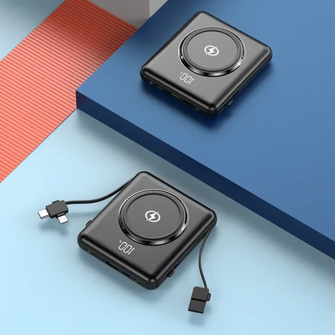 Компактный внешний аккумулятор 20000 мАч, беспроводное зарядное устройство Qi, внешний аккумулятор с кабелем для быстрой зарядки для iPhone 12 pro, X, Samsung S21, Xiaomi, внешний аккумулятор