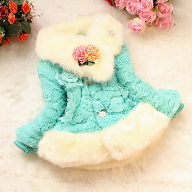 Зеленая Меховая куртка принцессы с пионами Детское пальто из искусственного