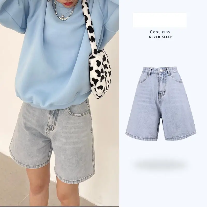 

New Solid Knee-length Denim Shorts Women Summer Vintage Boyfriend High Waist Wide Leg Shorts Jeans Streetwear