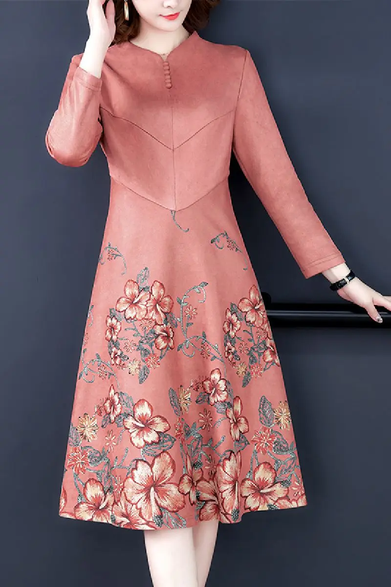 

COIGARSAM Women Dress Autumn 2021 New Office Lady Cheongsam Vintage Print Full Sleeve Zipper Pink Dresses Traf Robe Vestidos