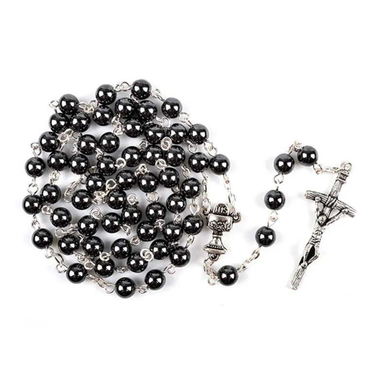 7 мм католическая Длинная подвеска с гематитовым бисером черный крест четки