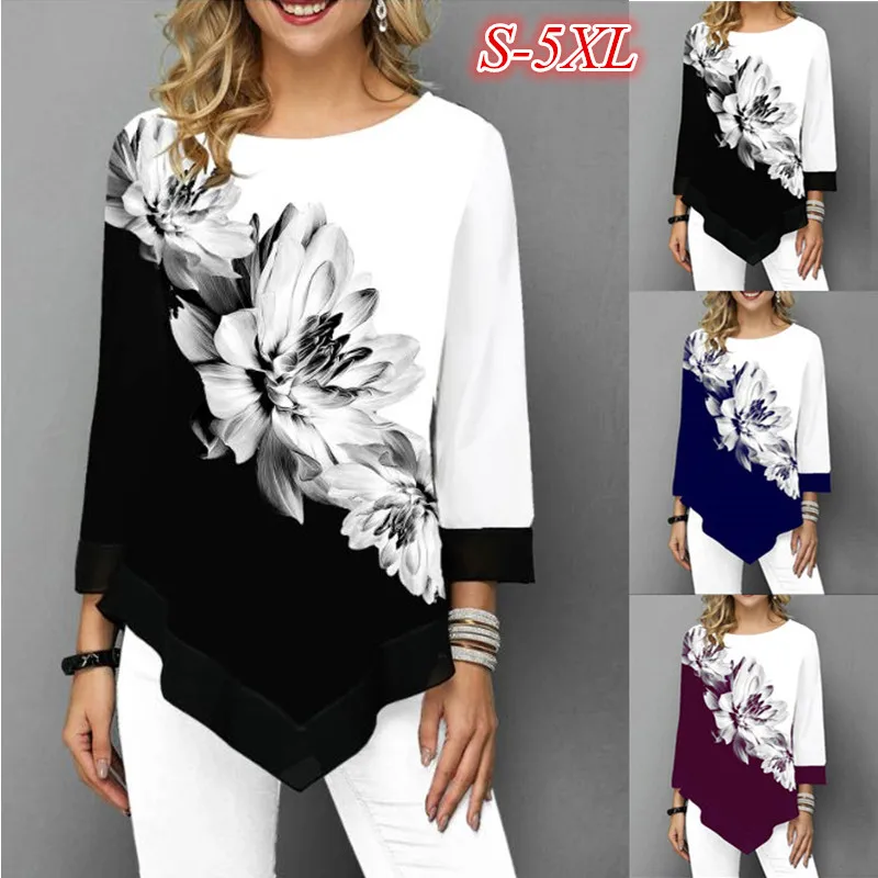 

Свободная туника для женщин, повседневный топ с цветочным принтом, эластичная Футболка асимметричного кроя, размера плюс, на весну