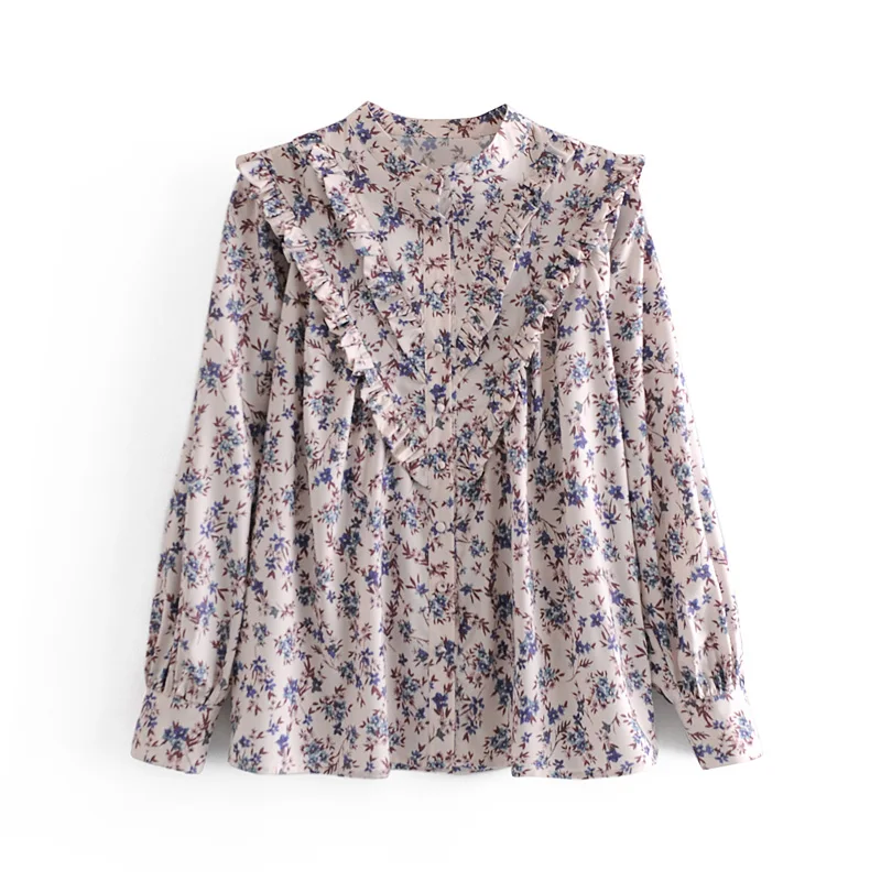 

Vintage floral Print Shirt Women Ruffle Blouse Long Sleeve Elegant Style