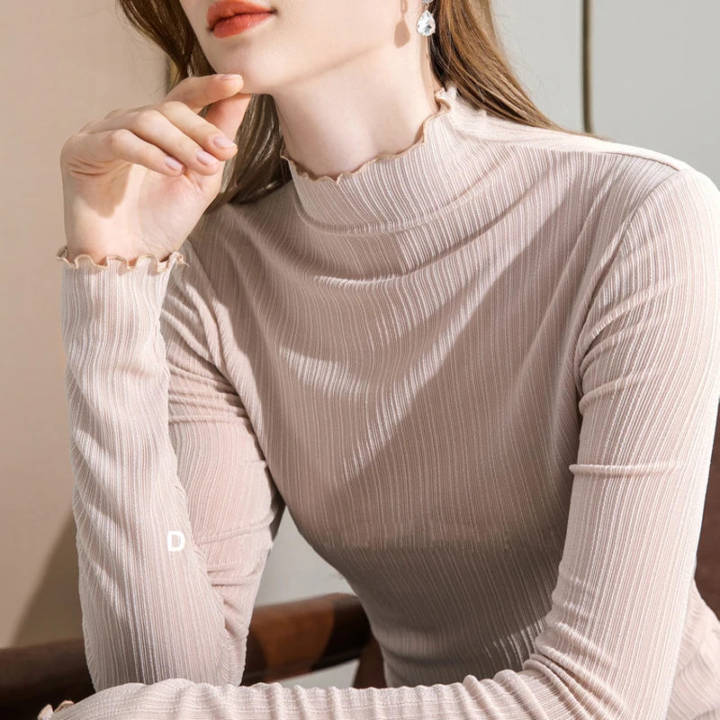 

Half-High Neck Bottoming Shirt With Wooden Ears Women's Autumn And Winter Long-Sleeved T-Shirt Stretch Tight-Fitting Fabric Top