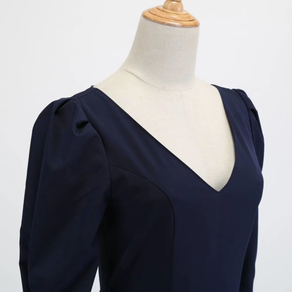 Navy Color Women Midi Vintage Dress V Neck 3/4 Sleeves High Waist Retro 60s Audrey Hepburn Rockabilly Vestidos | Женская одежда