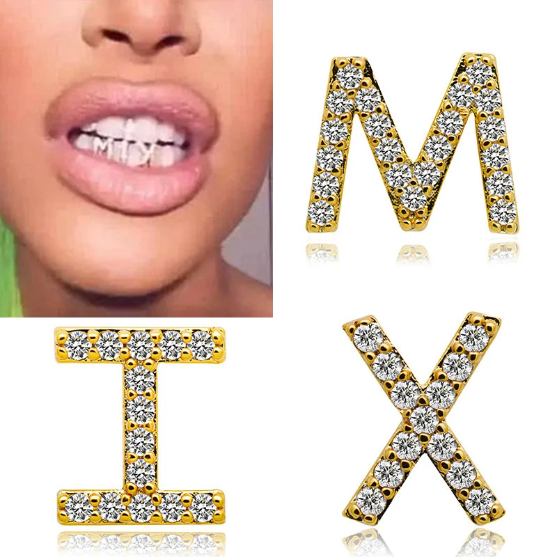 

Fashion Crystal Tooth Cap 26 Letters Gold Color Teeth Grillz Iced Out Rhinestone Grills For Women Men Punk Teeth Jewery Party