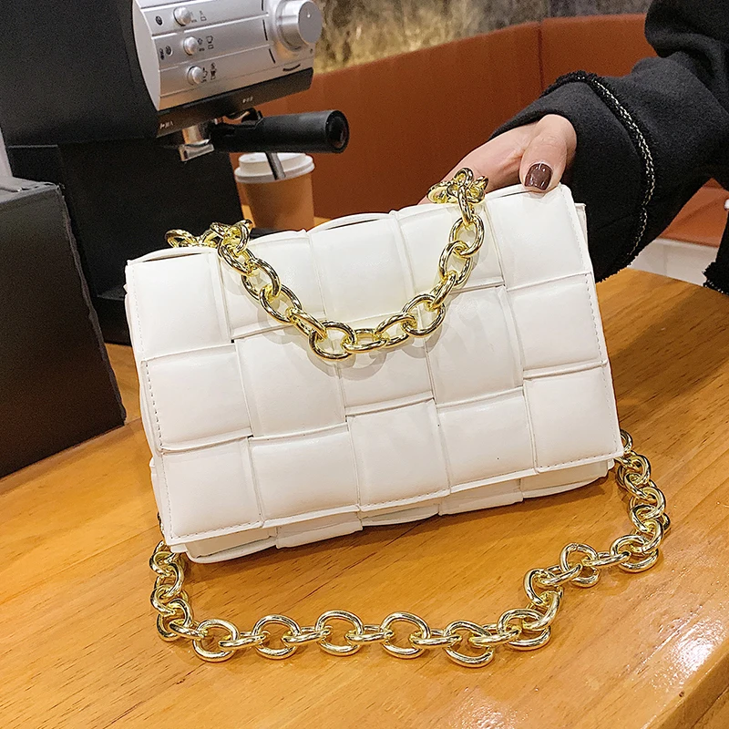 

Thick Metal Chain Leather Handbags Luxury Women Bag Designer Female Plaid Shoulder Bag Lady Weave Flap Bags Square Crossbody bag