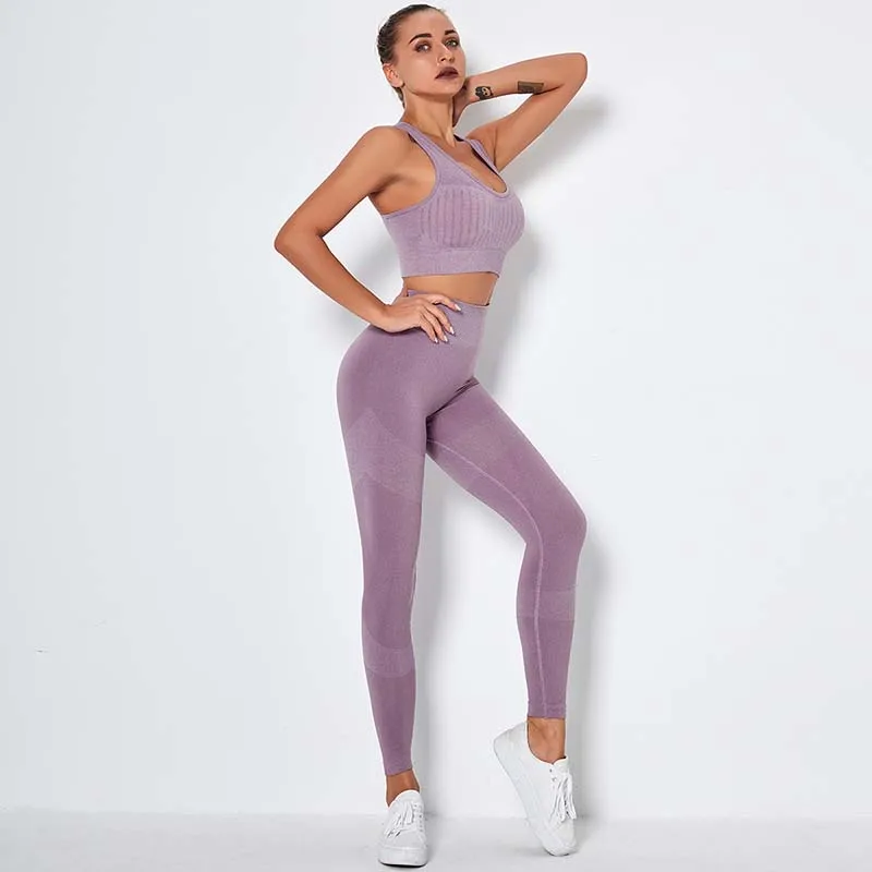 

NORMOV High Waist Hip Lift Seamless Sets Knit Sleeveless Push Up Bra Fitness Two-Piece Set Female Elastic Pants Workout Suit
