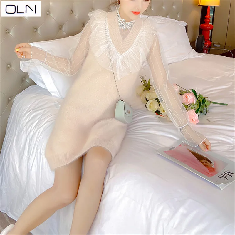 Осень Зима OLN корейский новый оптовый мохер шить бутон шелковое газовое платье