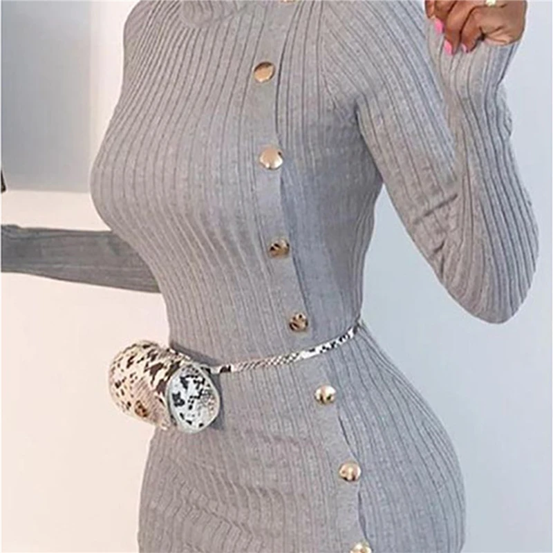 

New Women Casual Dress Sexy Skinny Mini Party Ladies Dress Spring Fashion Knitted O Neck Long Sleeve Single Breasted Dress