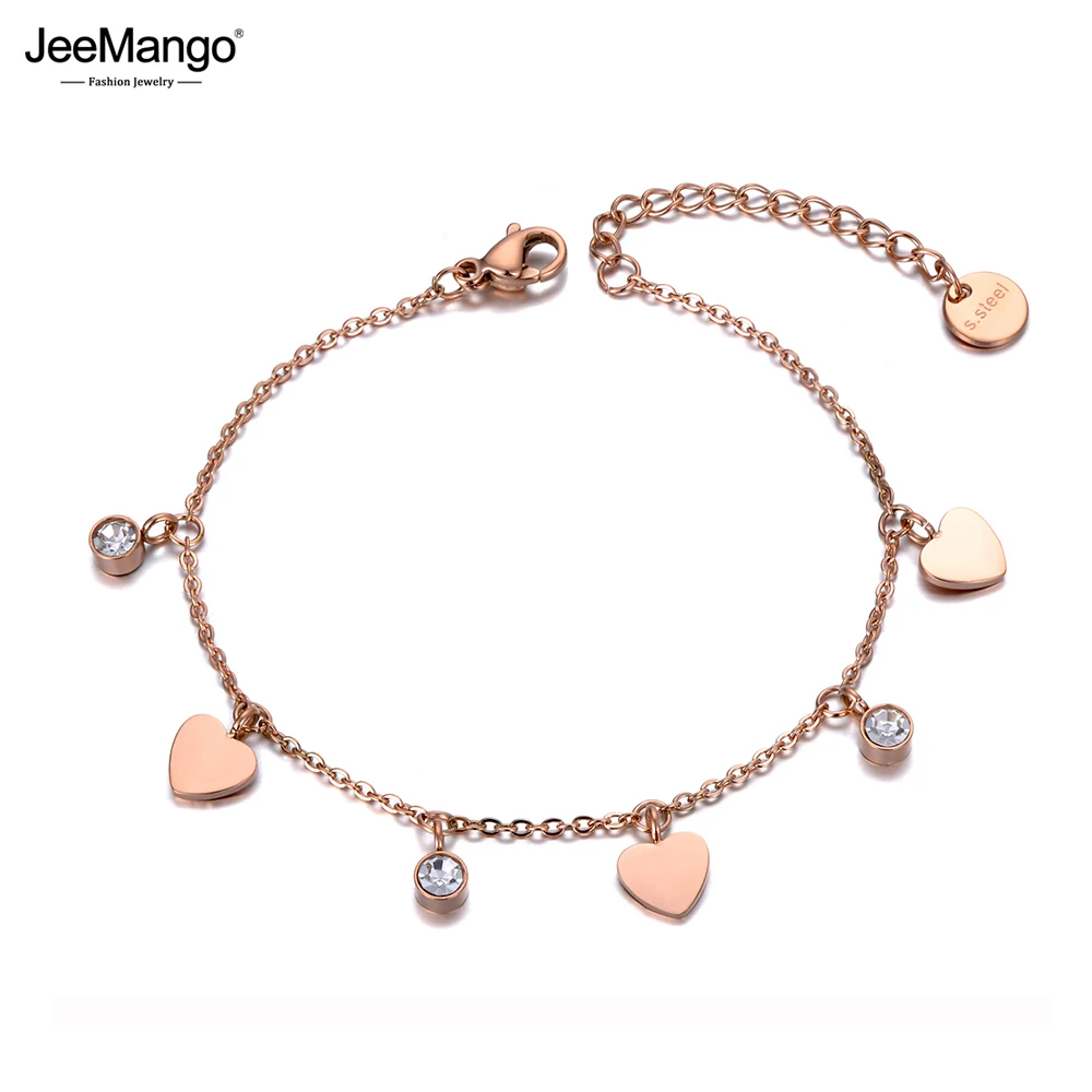 JeeMango новые браслеты из нержавеющей стали с сердечком и фианитами для женщин и девушек, богемные браслеты с цепочкой и звеньями, ювелирные изделия JB19139 - изображение