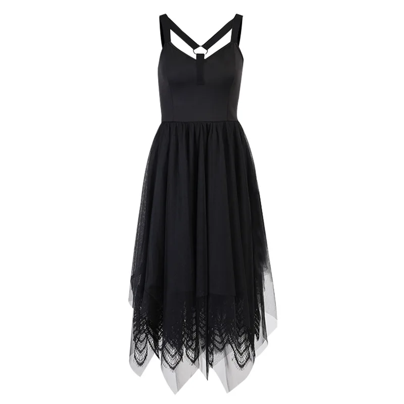 

Mesh Gothic Punk Black Women Maxi Dresses Mall Goth Vintage Harajuku Lace Trim Bodycon Tank Dress Emo Sexy Partywear